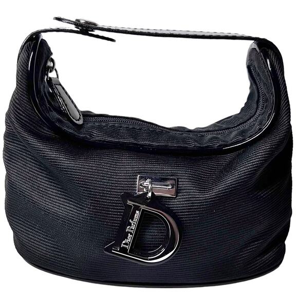 AUTH VTG Christian Dior Parfums Black Mini D Logo Charm Makeup Bag Purse - Picture 1 of 16